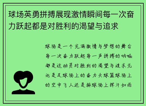 球场英勇拼搏展现激情瞬间每一次奋力跃起都是对胜利的渴望与追求